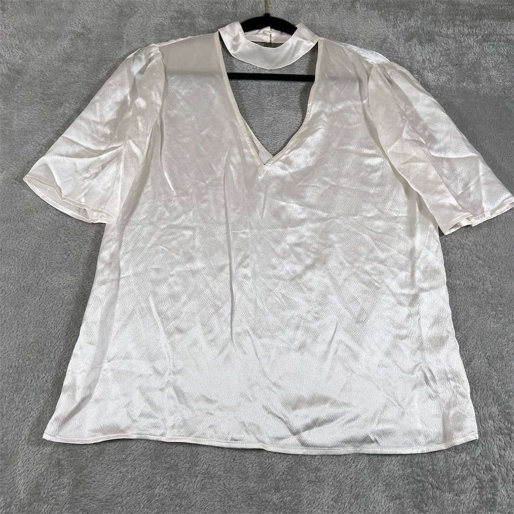 PAIGE Women's Choker Blouse Size M White 100% Silk Short Sleeve Casual